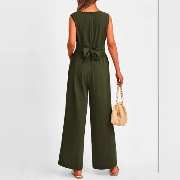 PrettyGarden Wide Leg Jumpsuit V-Neck  Belted Long pants romper XL - Picture 3 of 12